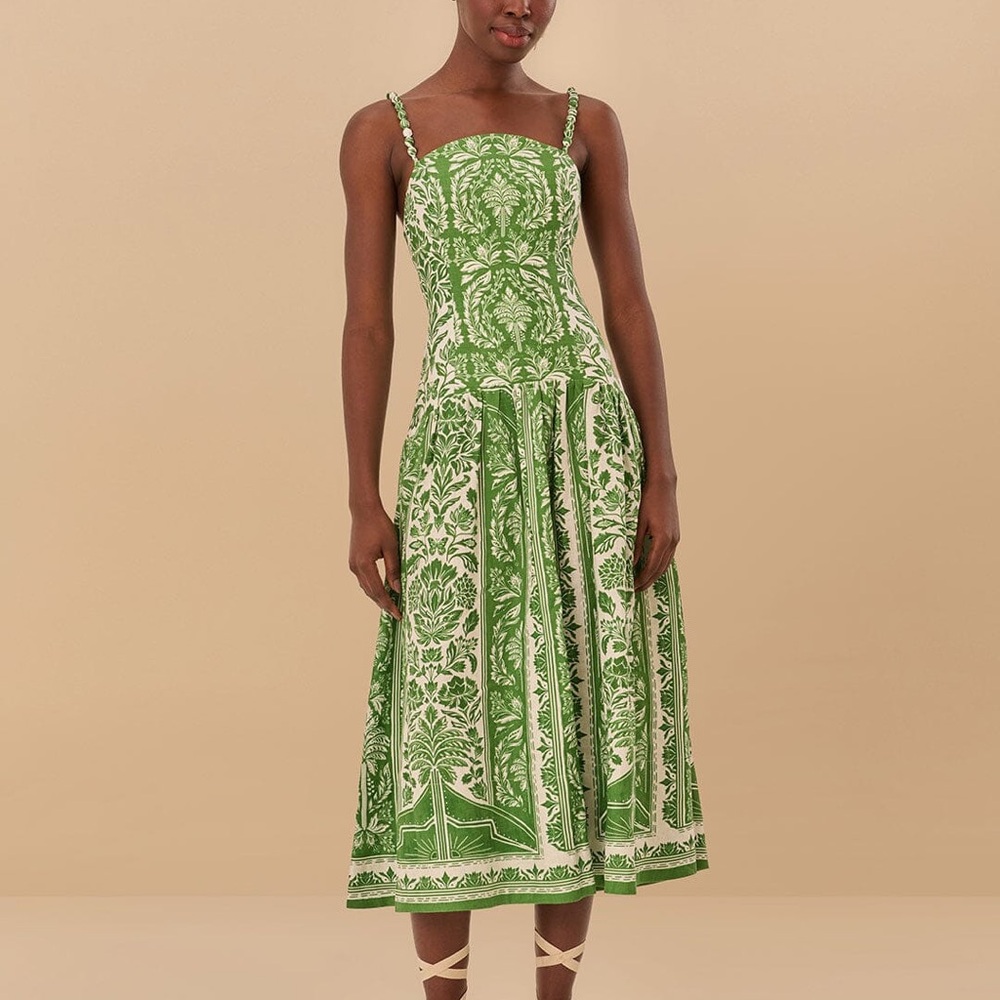 Farm rio Green Delicate Tapestry Euroflax™ Premium Linen Midi Dress